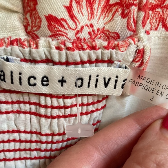 Alice + Olivia Linen Melvina Mini Dress Tie Front Block Print Red Antique White - Picture 11 of 16